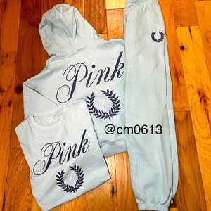 VS PINK OPAL BLUE OUTFIT SWEATSHIRT SWEATPANTS AND SHIRT BUNDLE SET